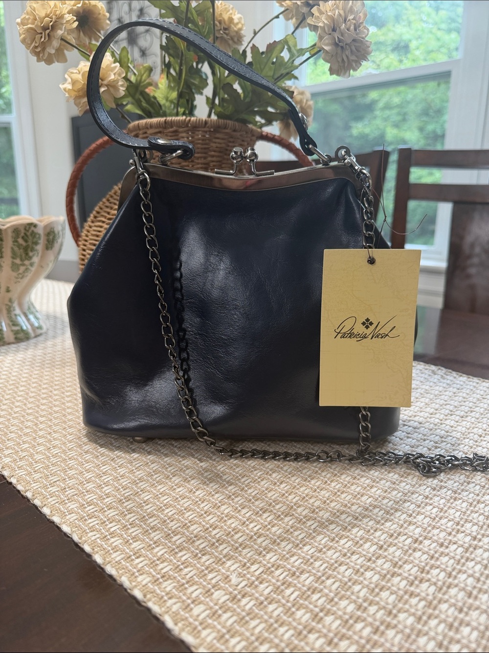 Patricia Nash Navy Blue Leather Laureana Frame/Kiss-Lock Bag NWT